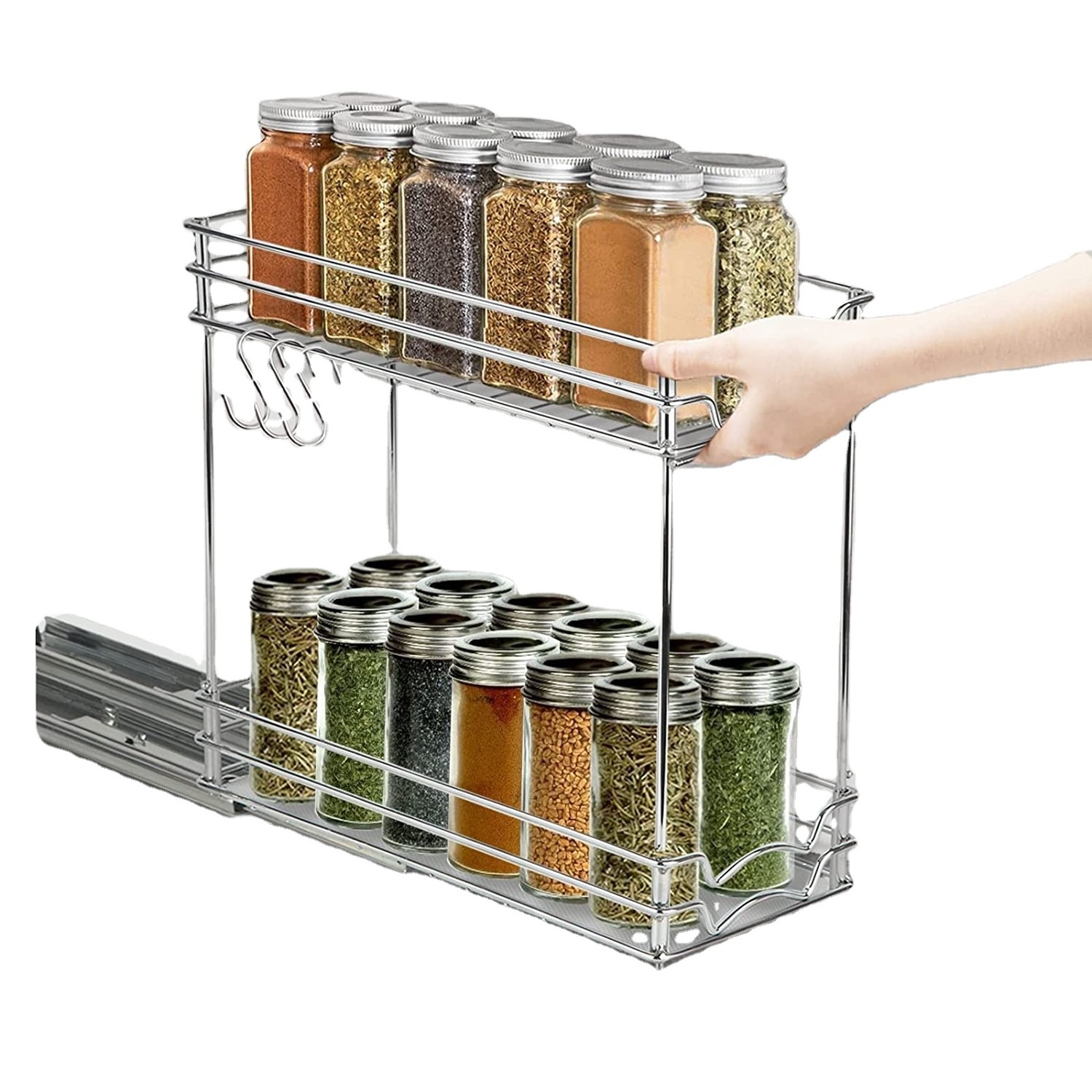 Kitchen 2 Tier Slide Out Seasoning Storage Rack Metal Sliding Spice Rack Organizer with Drawer Wholesale