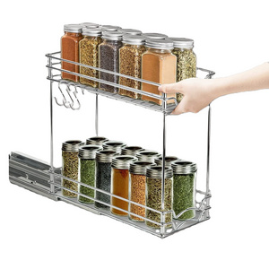 Kitchen 2 Tier Slide Out Seasoning Storage Rack Metal Sliding Spice Rack Organizer with Drawer Wholesale