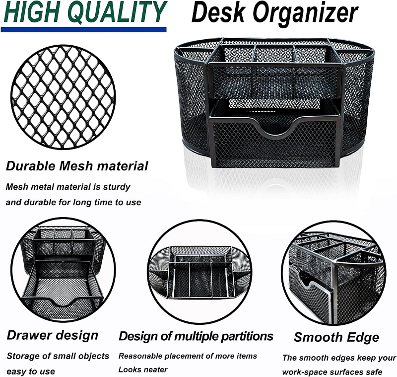 Custom Home Office Supplies Metal Mesh Table Desktop Desk Storage Organizer with Sliding Drawer