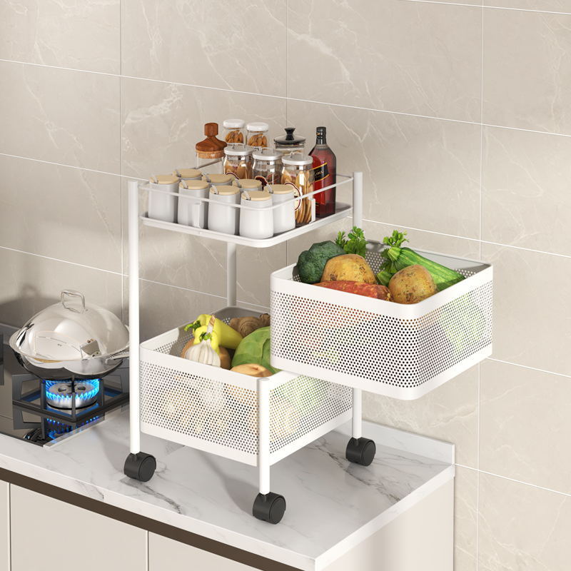 White 3 layer Square Kitchen Rotating Storage Shelf Rack Metal Trolley Household Storage Fruit Basket