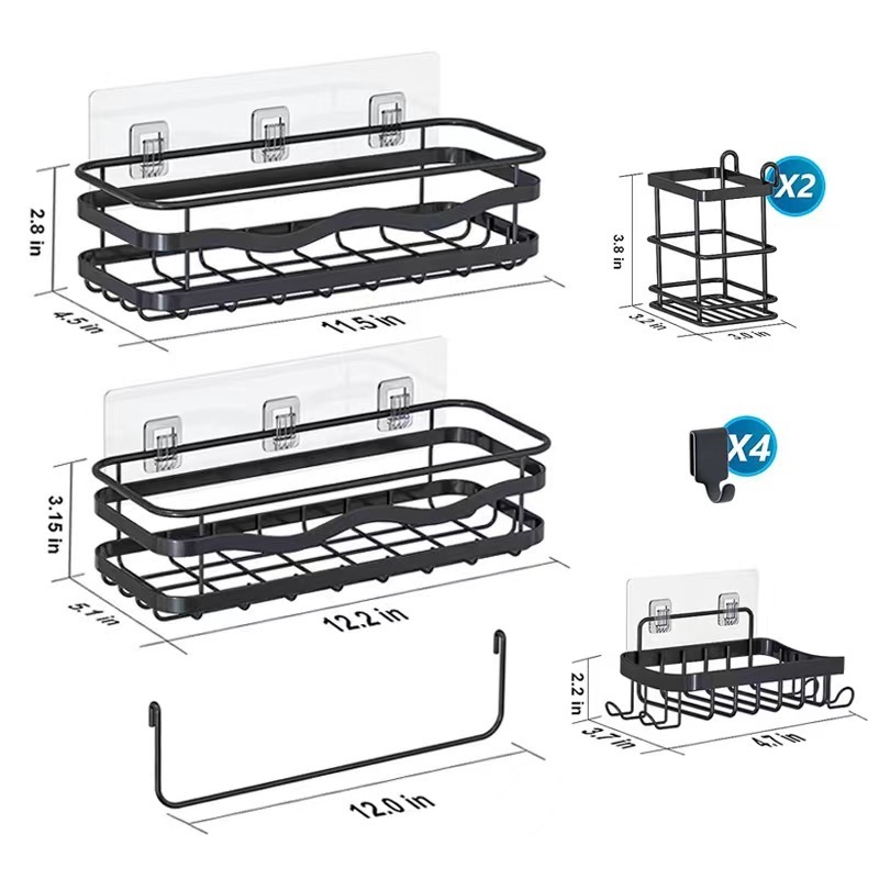 Rustproof No Drilling Strong Adhesive Bathroom Chrome Shower Caddy Shelf Organizer with Soap Holders Towel Rack