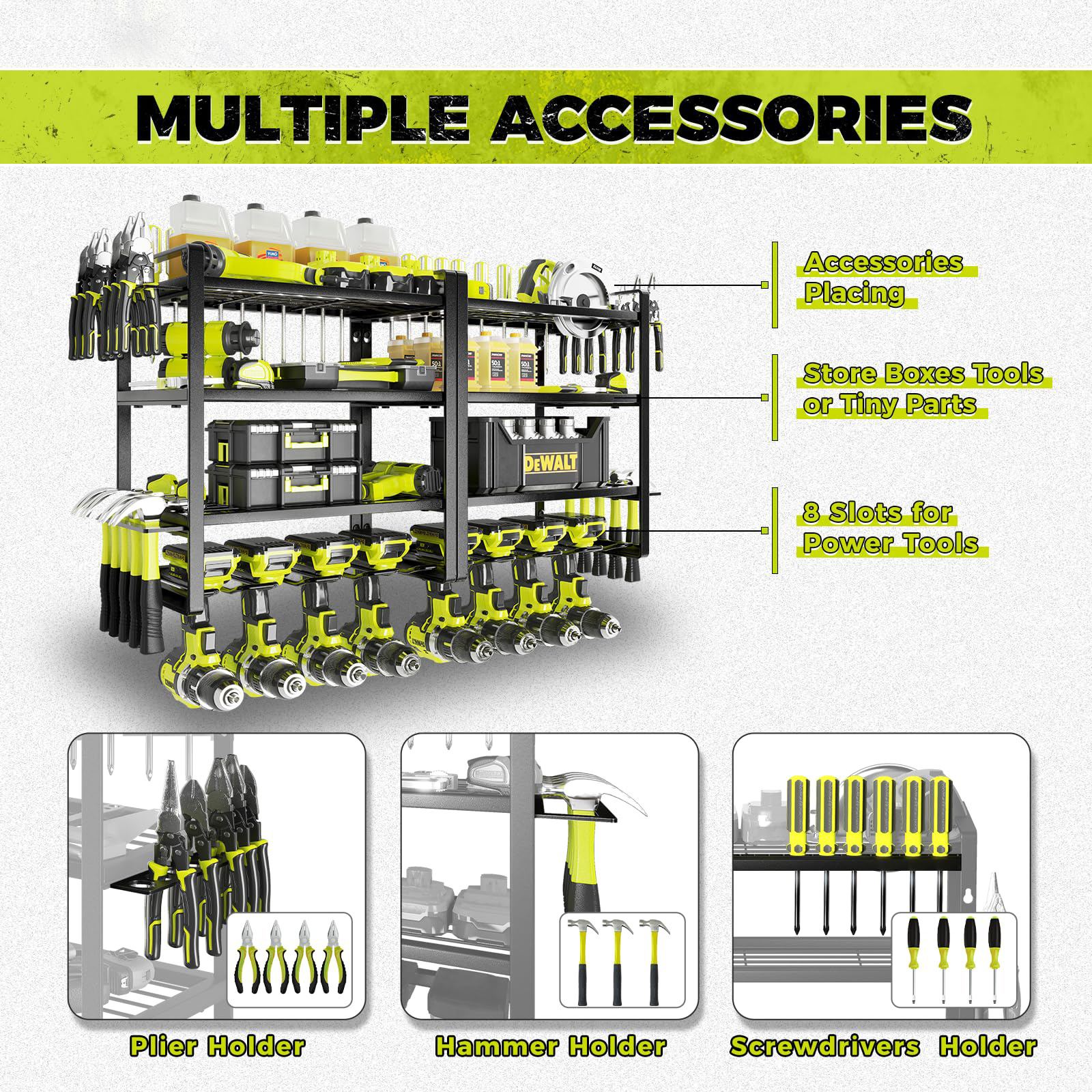 Power Tool Organizer 8 Drill Holder Wall Mount 4 Layers Garage Tool Organizers and Storage Rack