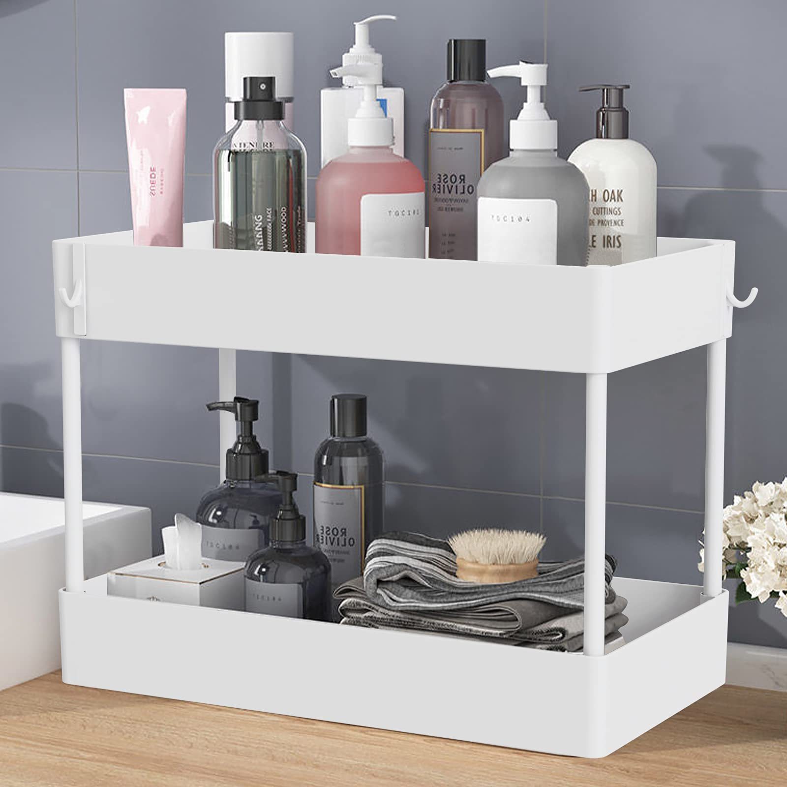 Under Bathroom Sink Storage 2 Tier Organizer Bath Collection Baskets White Under Sink Cabinet Organizer with Hooks