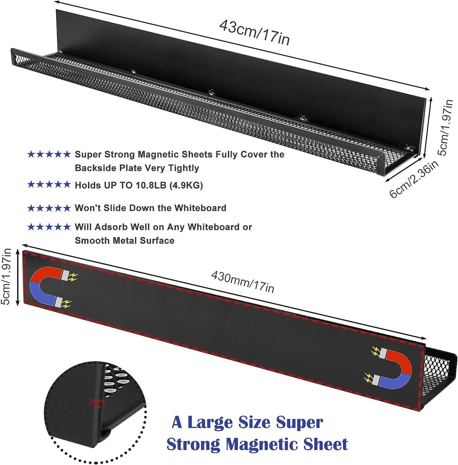 Kid Room Office Teacher Storage 17Inch 2 Pack  Metal Floating  Magnetic Book Shelf for Whiteboard Classroom