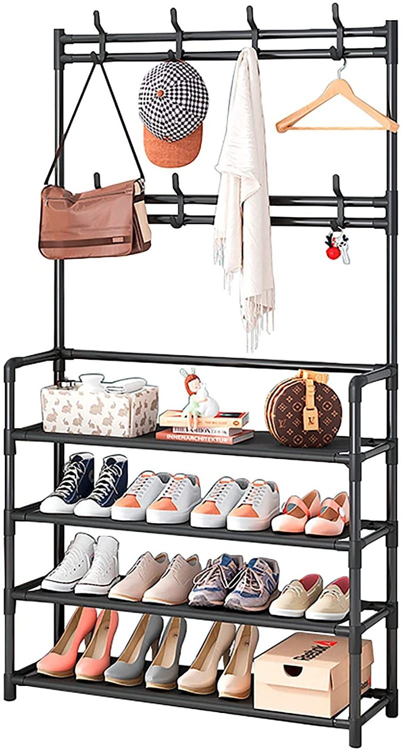 Closet Entryway 4 Tier Black Metal Shoe Rack Stand Organizer With Hat Clothes  Coat Bag Hanger Hook