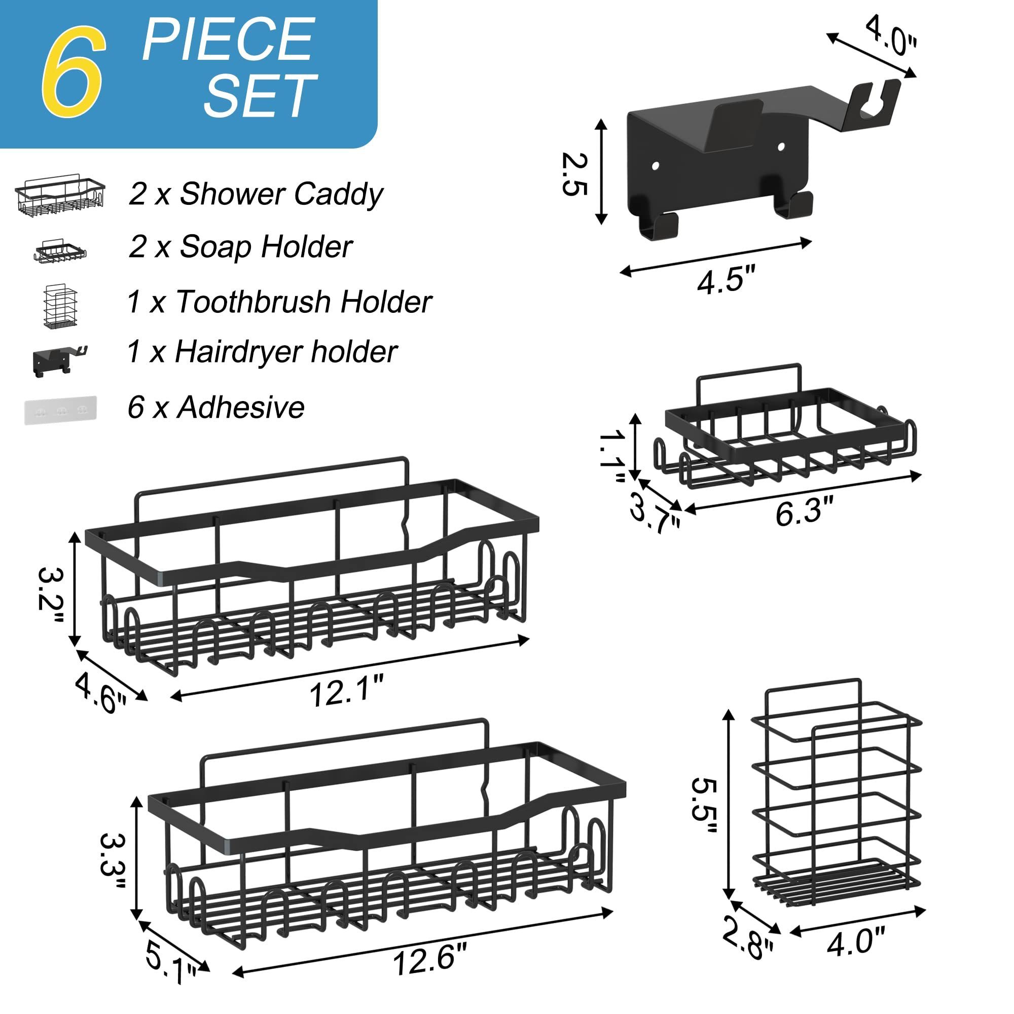 6 Pack Black Shower Caddy Rustproof Shower Shelf Bathroom Shelf for Home Hotel Dorm