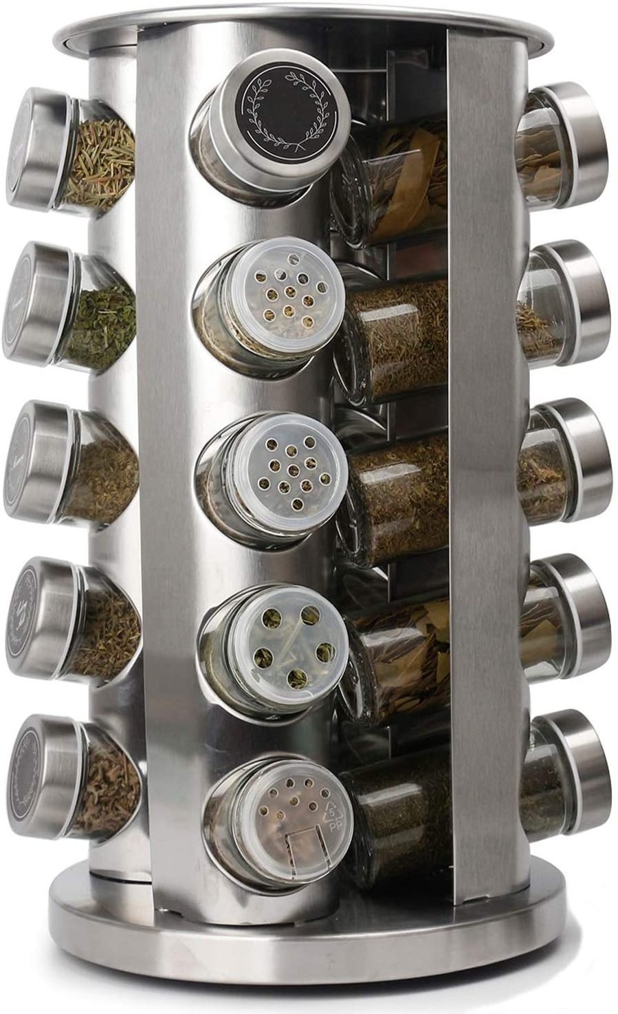 Silver Stainless Steel Revolving 20-Jar Countertop Rack Tower Organizer with Free Spice Refills