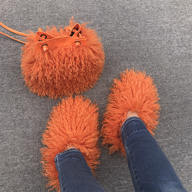 New Luxury Women Mongolian Fur Slippers Real Fluffy Mongolian Fur Slides Plush Dust Set Cozy Wool Flip Flops Handbags Purses