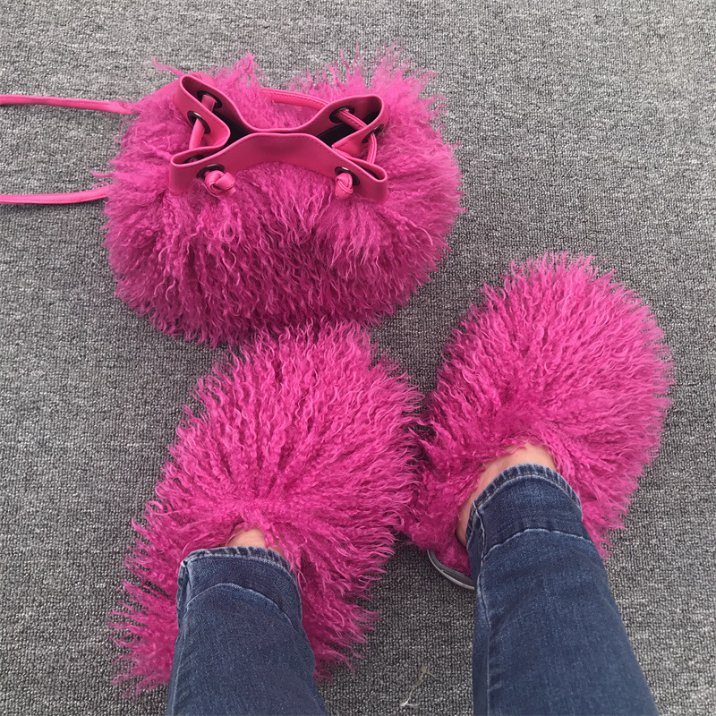 New Luxury Women Mongolian Fur Slippers Real Fluffy Mongolian Fur Slides Plush Dust Set Cozy Wool Flip Flops Handbags Purses