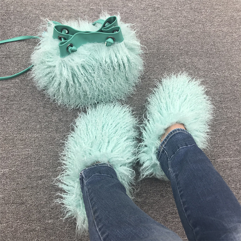 New Luxury Women Mongolian Fur Slippers Real Fluffy Mongolian Fur Slides Plush Dust Set Cozy Wool Flip Flops Handbags Purses