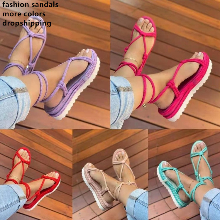 Summer Women Open Toe Hemp Rope Strappy Slip On Rope Sandals Female Platform Slide Sandals Ladies Footwear Beach Sandals