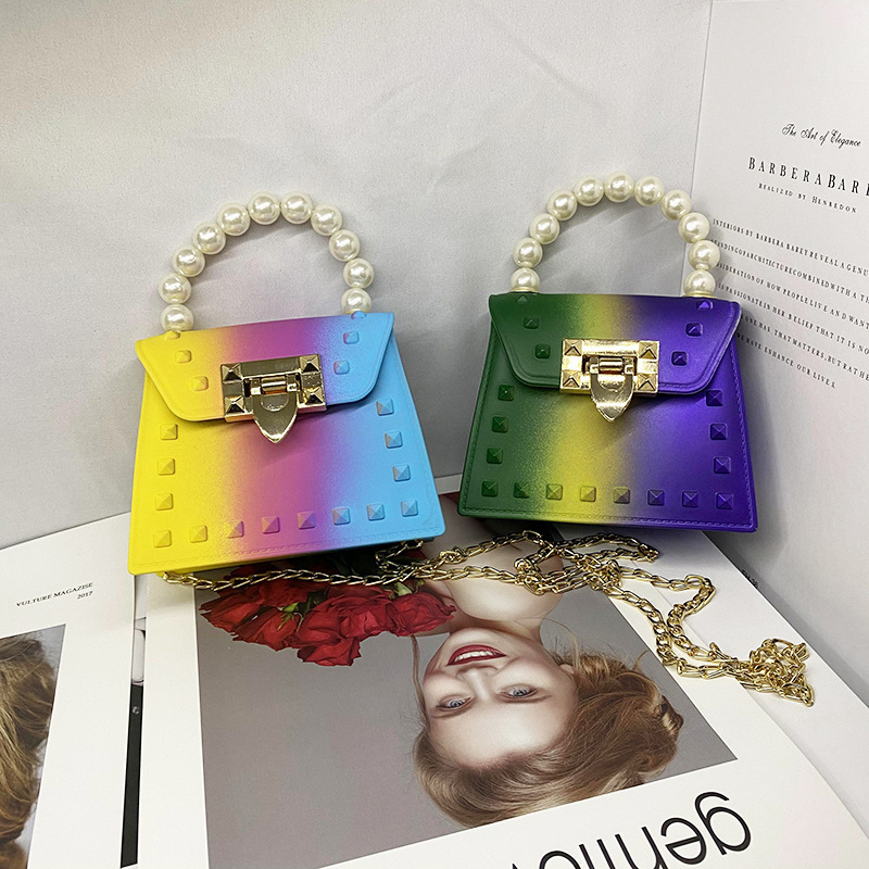 classic Korean square small Fashion Candy Color Pearl Bag Rivet Mini Jelly Bags Women Plastic PVC Handbag