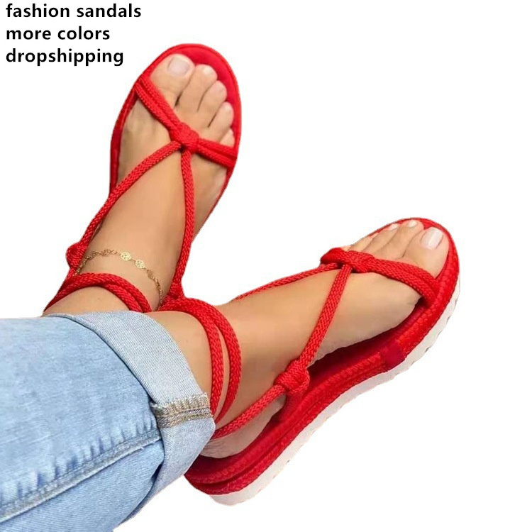 Summer Women Open Toe Hemp Rope Strappy Slip On Rope Sandals Female Platform Slide Sandals Ladies Footwear Beach Sandals