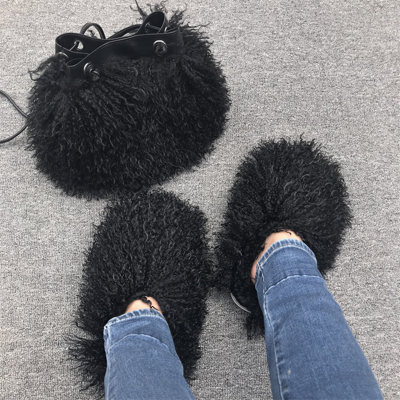 New Luxury Women Mongolian Fur Slippers Real Fluffy Mongolian Fur Slides Plush Dust Set Cozy Wool Flip Flops Handbags Purses