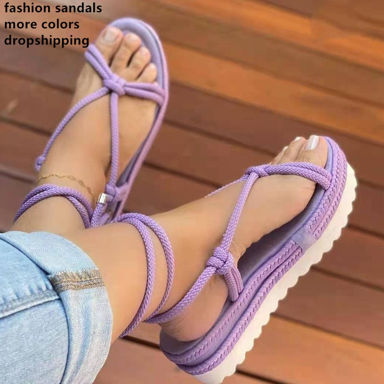 Summer Women Open Toe Hemp Rope Strappy Slip On Rope Sandals Female Platform Slide Sandals Ladies Footwear Beach Sandals