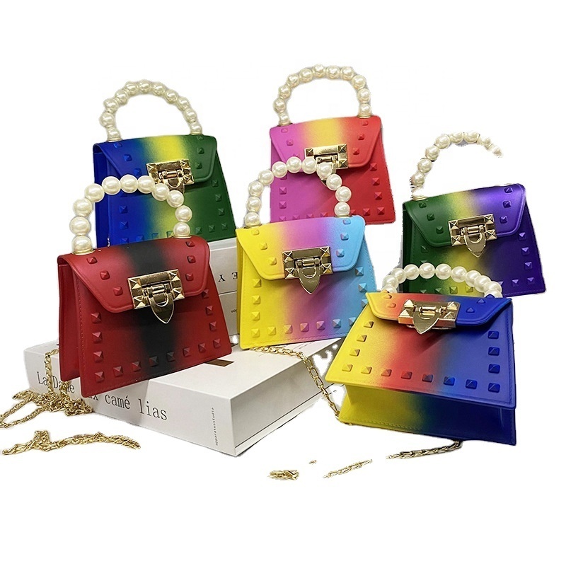 classic Korean square small Fashion Candy Color Pearl Bag Rivet Mini Jelly Bags Women Plastic PVC Handbag