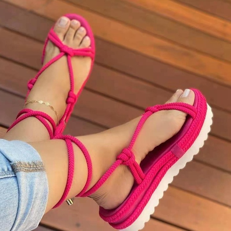 Summer Women Open Toe Hemp Rope Strappy Slip On Rope Sandals Female Platform Slide Sandals Ladies Footwear Beach Sandals