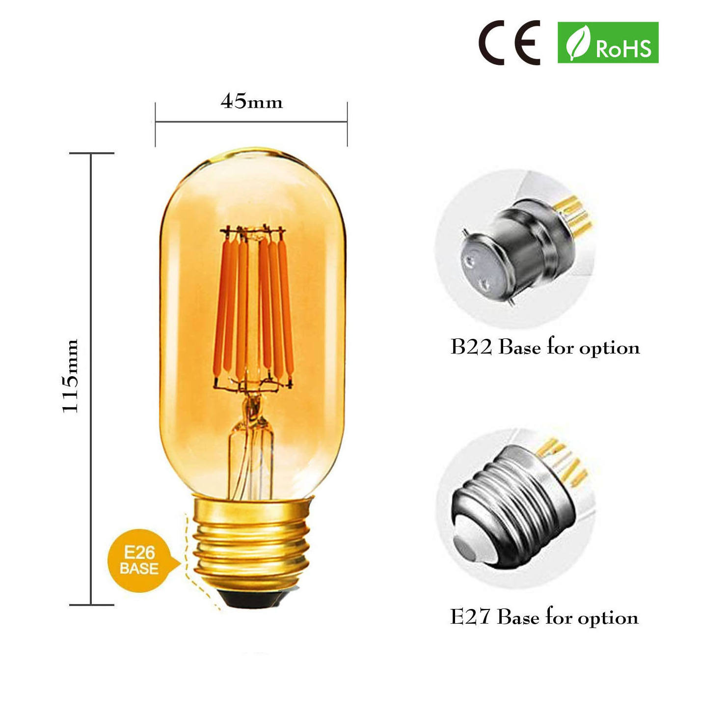 Longyue  4w 6w Home Cafe Hotel Vintage Edison Clear Amber Gold Glass Tubular Light T45 Flexible Led Filament BULB