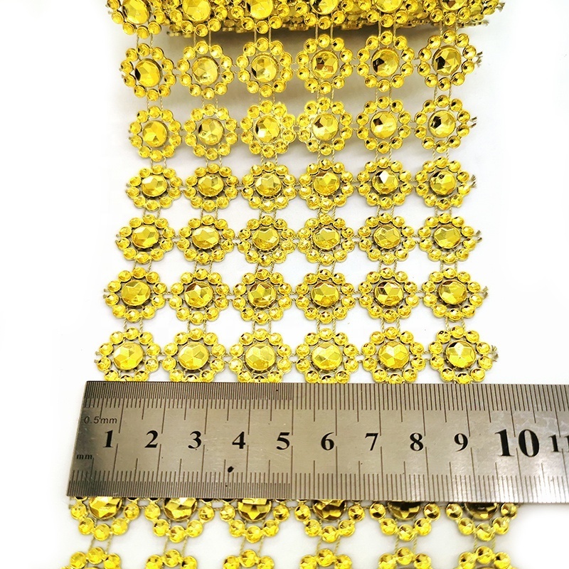 6 rows 10 yards gold plastic bendable diamond wrap roll flower shape rhinestone mesh  garniture  for DIY decoration