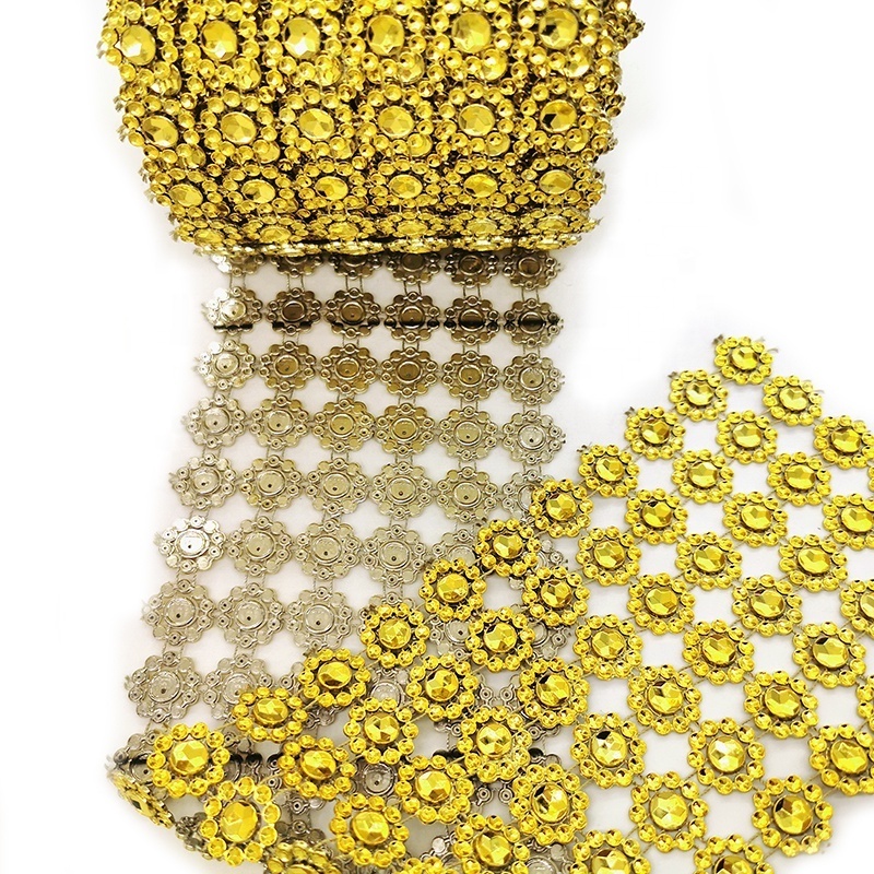 6 rows 10 yards gold plastic bendable diamond wrap roll flower shape rhinestone mesh  garniture  for DIY decoration