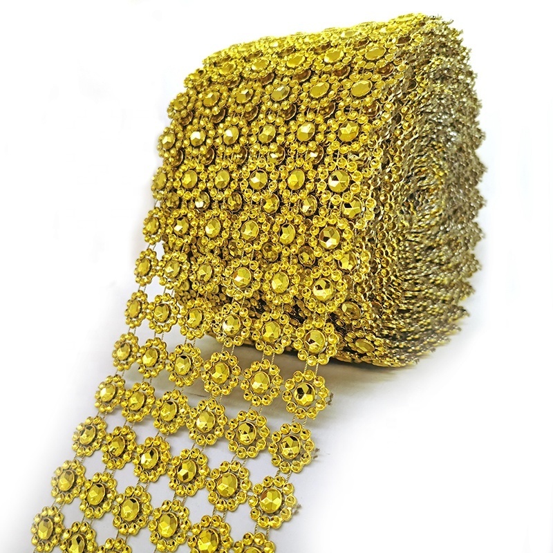 6 rows 10 yards gold plastic bendable diamond wrap roll flower shape rhinestone mesh  garniture  for DIY decoration