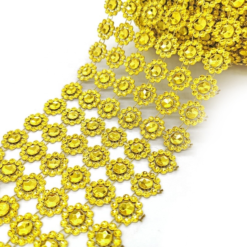 6 rows 10 yards gold plastic bendable diamond wrap roll flower shape rhinestone mesh  garniture  for DIY decoration