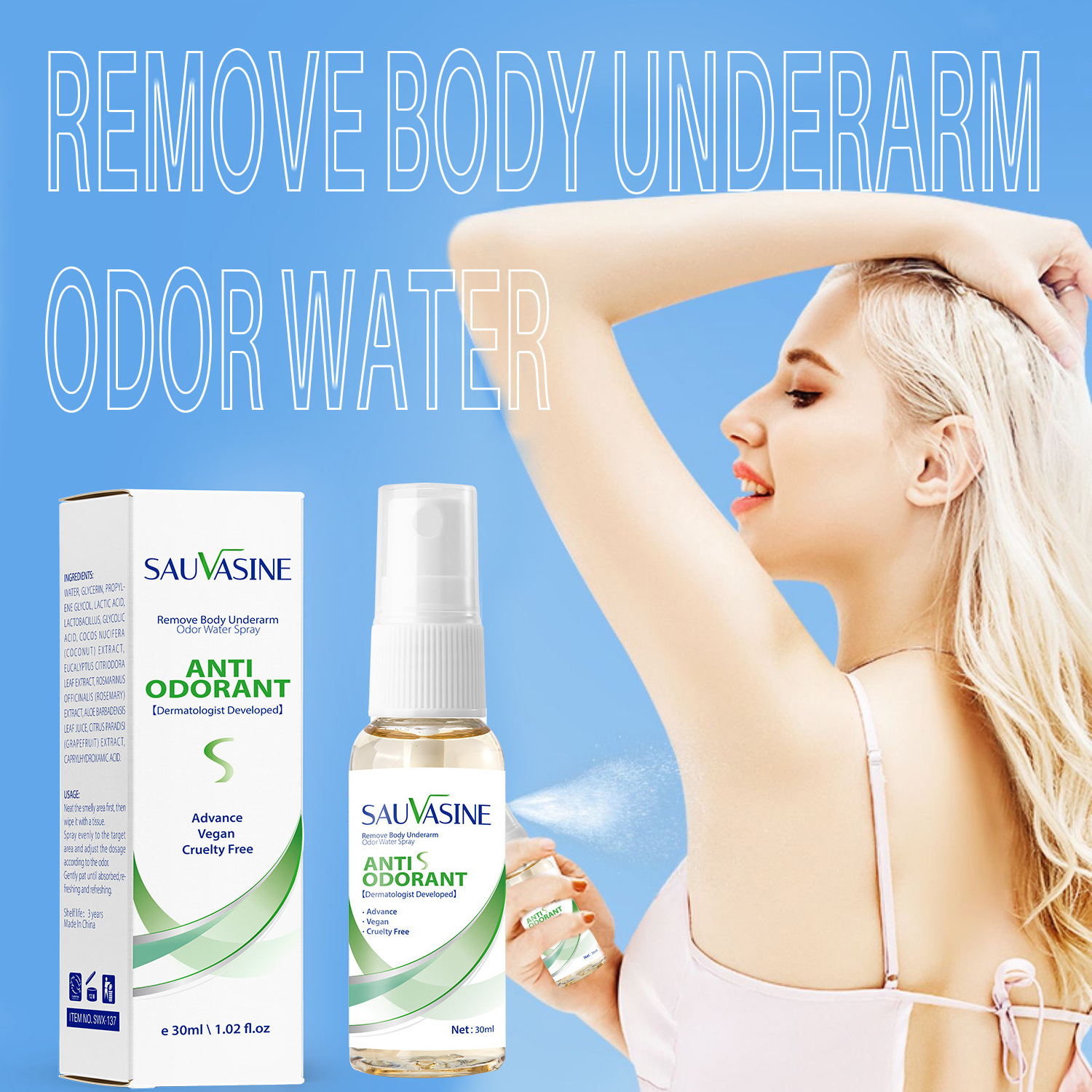 SAUVASINE Wholesale Remove Body Underarm Odor Water Spray 30ml Natural Formula Anti Odorant Body Underarm Odor Spray