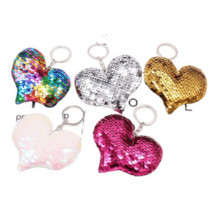 New double sided reflective sequin love keychain heart shaped sequin bag pendant car keychain