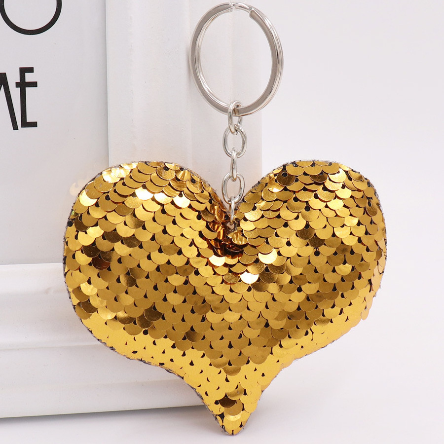 New double sided reflective sequin love keychain heart shaped sequin bag pendant car keychain