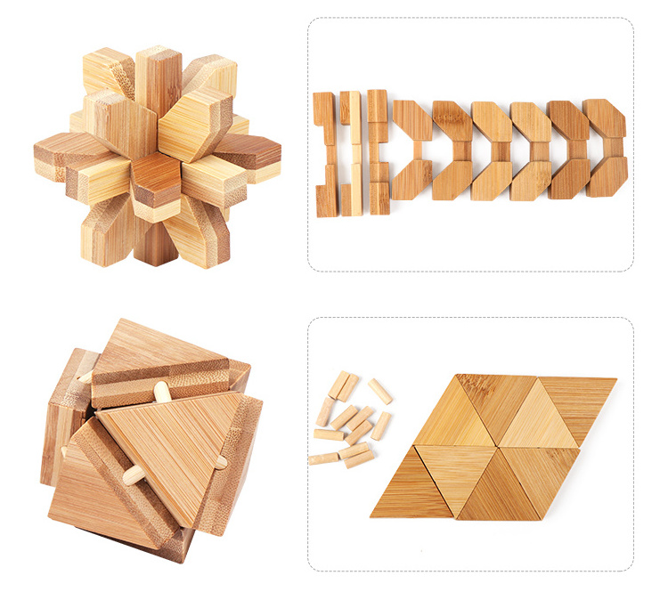 Eco-friendly  Iq Brain Teaser Toy 3D bamboo Lock Puzzle Game For Teens