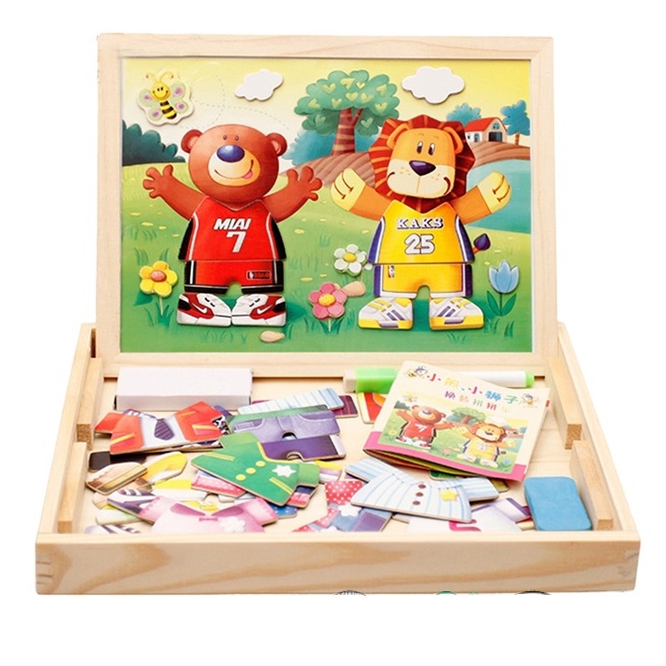 Funny Animal Paradise Magnetic Wooden puzzle with double sided kids' drawing board