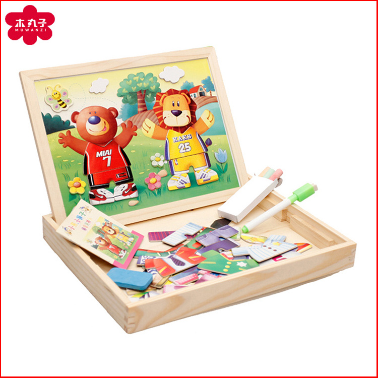 Funny Animal Paradise Magnetic Wooden puzzle with double sided kids' drawing board