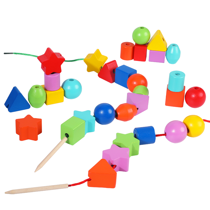 42pcs rainbow beads Toys for Toddlers Wooden Primary String Threading Beads Rainbow Lacing Toy Preschool