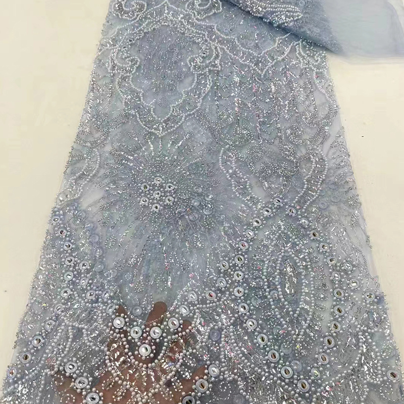 ZJ Factory Wholesale Polyester Handmade Sequins Lace Beaded Mesh Embroidery Fabrics for Clothing