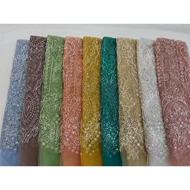 ZJ Factory Wholesale Polyester Handmade Sequins Lace Beaded Mesh Embroidery Fabrics for Clothing