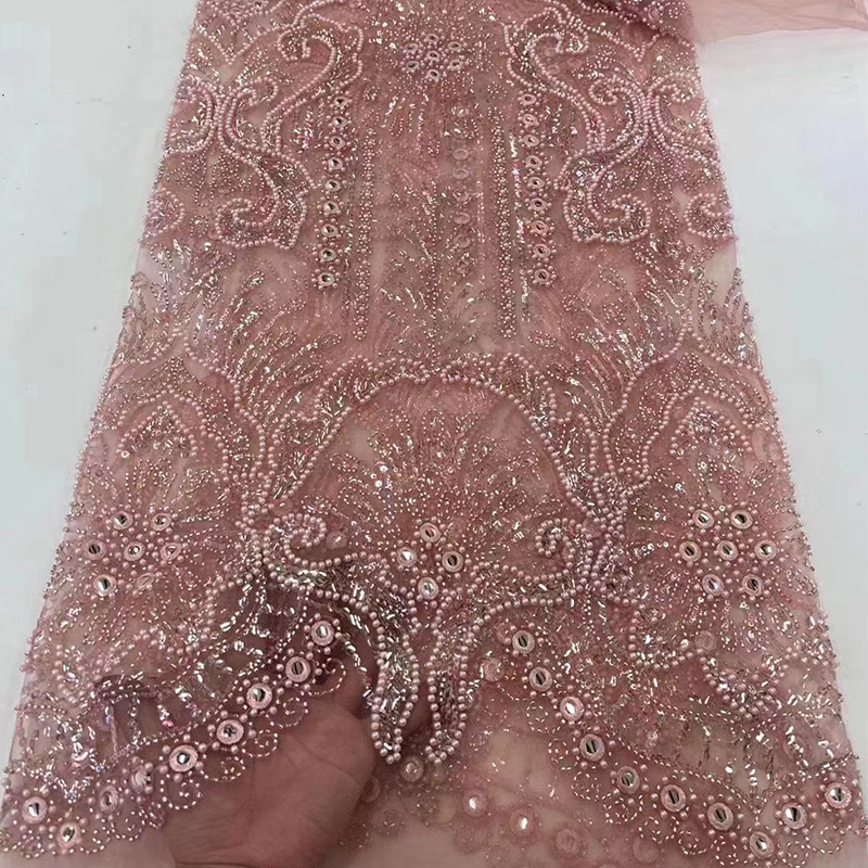 ZJ Factory Wholesale Polyester Handmade Sequins Lace Beaded Mesh Embroidery Fabrics for Clothing