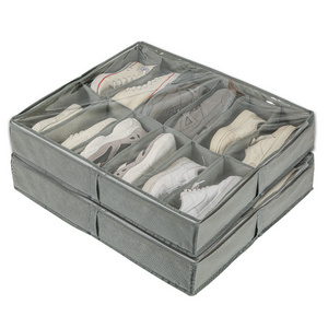 Space-saving Shoes Storage Organizer for Socks Under Bed Storage Organizer Grey Foldable Multi Grids Fabric Black Shoes Boxes