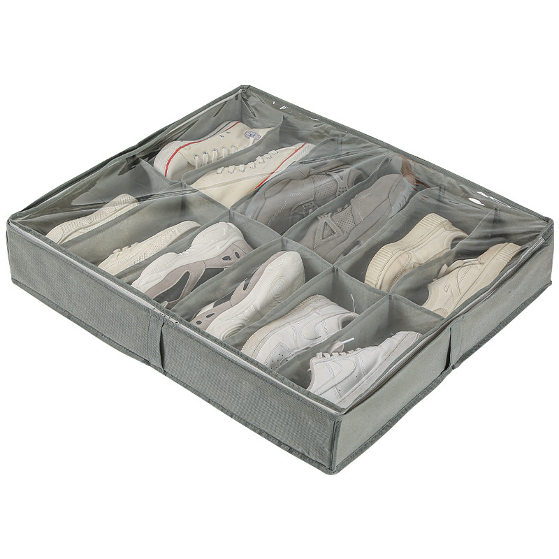 Space-saving Shoes Storage Organizer for Socks Under Bed Storage Organizer Grey Foldable Multi Grids Fabric Black Shoes Boxes