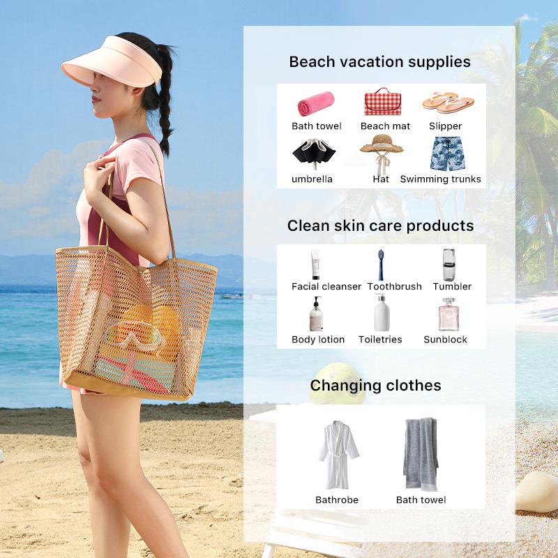 Nylon and Polyester Material Womens Shopping Travel Holidays Bag Beach Mesh Shoulder Handbag Beach Tote Bags