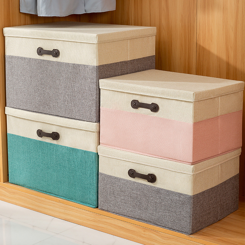 Foldable Cotton Linen Storage Bins with Lids Fabric Stackable Storage Organizer Box For Organizing Bedroom Closet