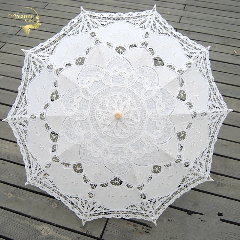 Cheap wholesale sun Embroidery ivory lace bride wedding parasols decoration umbrellas