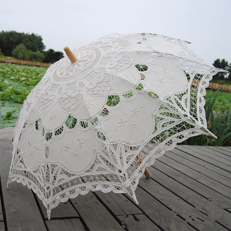 Cheap wholesale sun Embroidery ivory lace bride wedding parasols decoration umbrellas