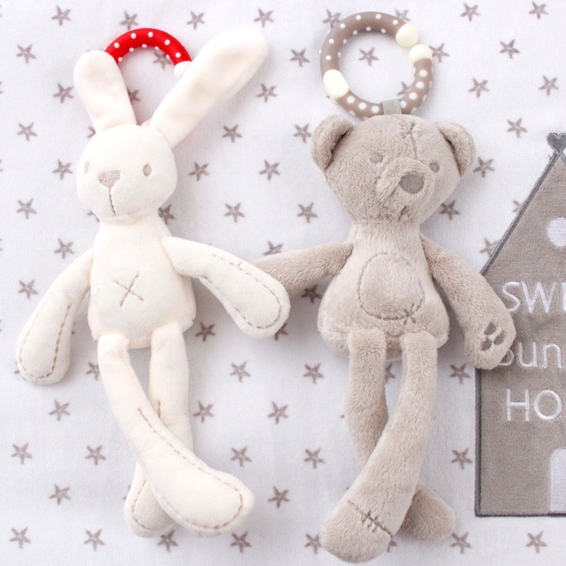 cute baby crib stroller rabbit bunny bear soft stuffed plush toys infant doll with hanging ring windchimes