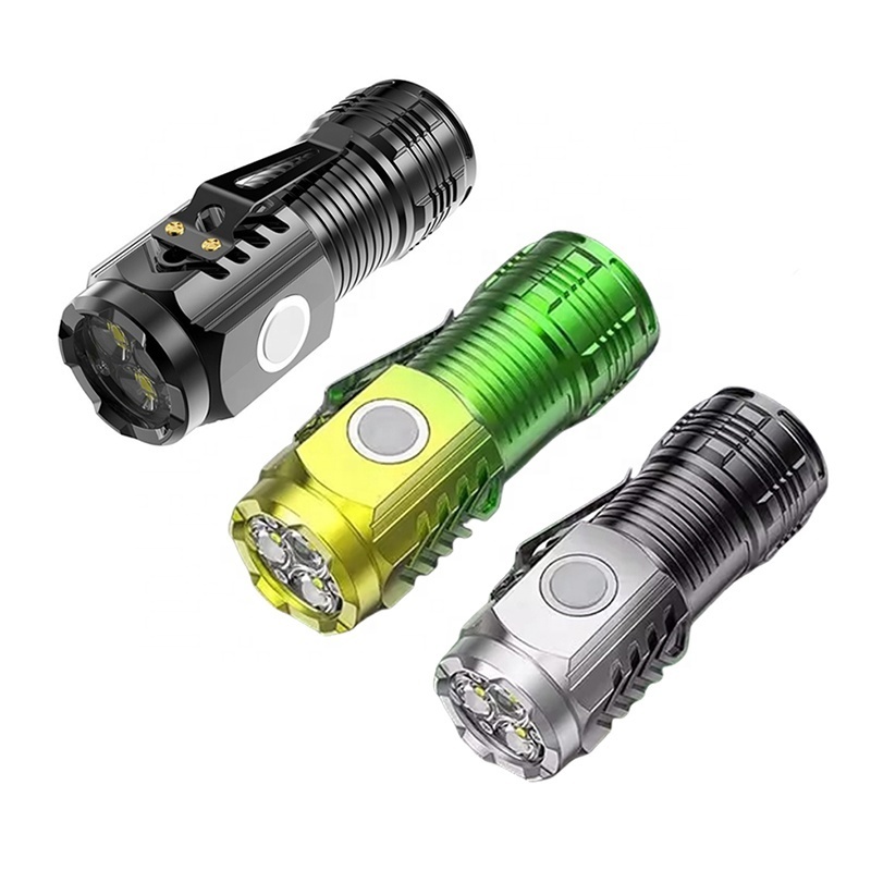 New Pocket Plastic Flashlight 3LED Magnet Metal Clip Type-C USB 5-Mode Mini Flashlight