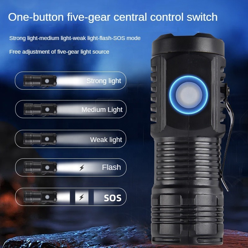 New Pocket Plastic Flashlight 3LED Magnet Metal Clip Type-C USB 5-Mode Mini Flashlight