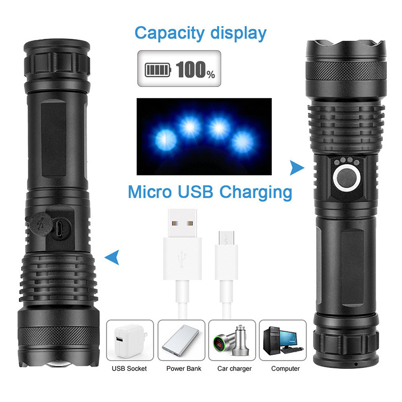 P70 Flashlight Type-C Charging Zoom Power Display Screen White Laser Aluminum Flashlight