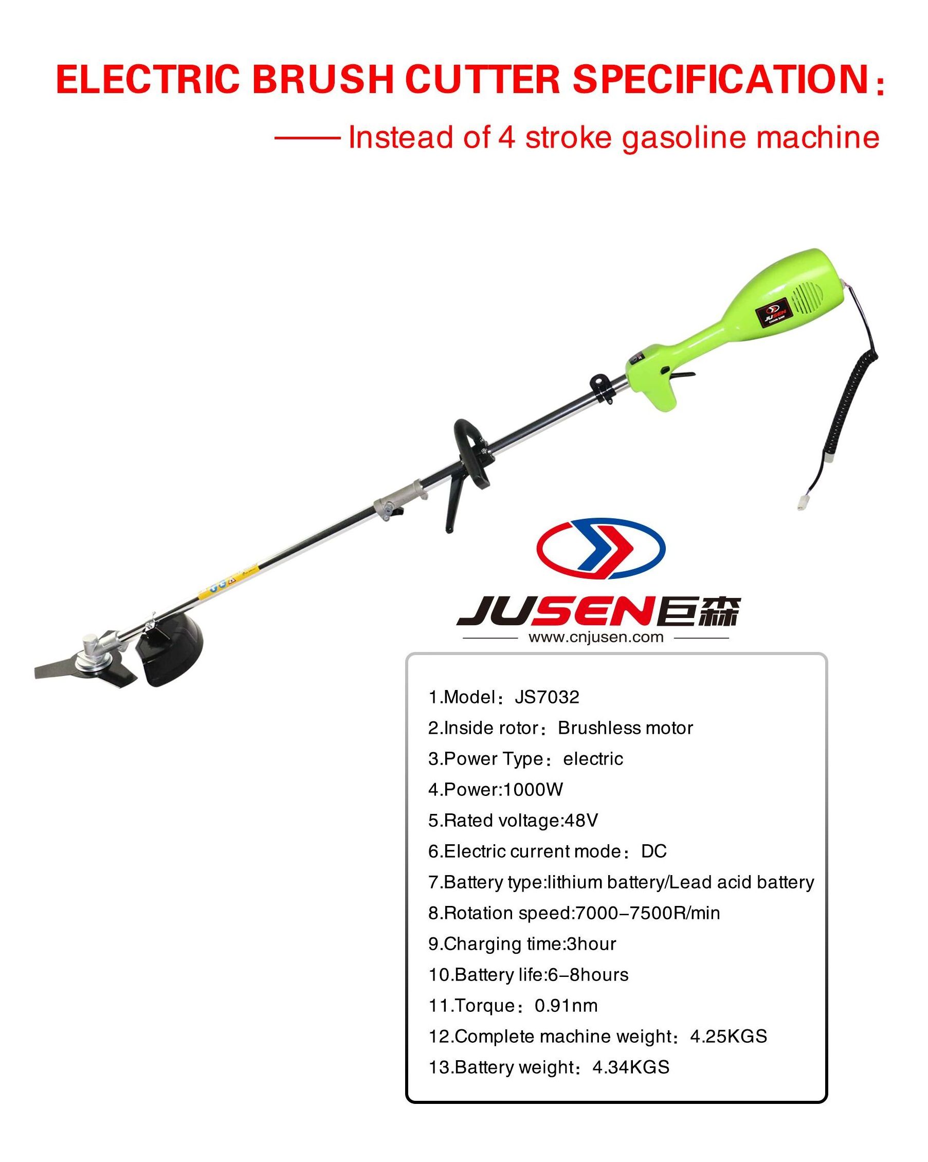 Jusen Good Quality 36-48V 1000W Electric Battery Brush cutter