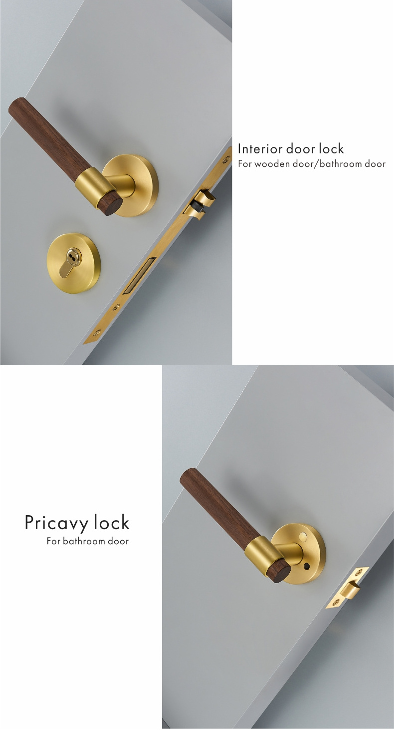 Dooroom Brass Walnut Door Lock Set Modern Interior Bedroom Bathroom Double Wood Door Lever Set Dummy Lock Handle Knob