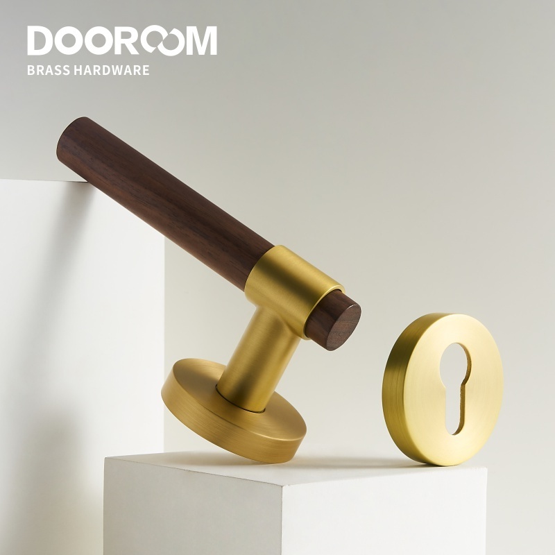 Dooroom Brass Walnut Door Lock Set Modern Interior Bedroom Bathroom Double Wood Door Lever Set Dummy Lock Handle Knob