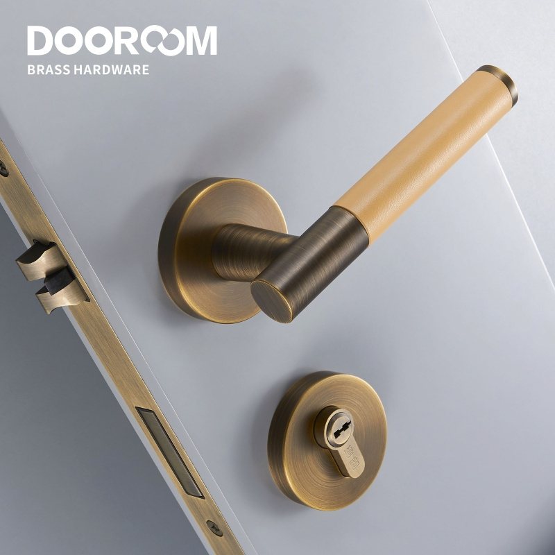 Dooroom Brass Leather Door Lock Set Modern Italian Style Interior Bedroom Bathroom Double Wood Door Lever Set Dummy Handle